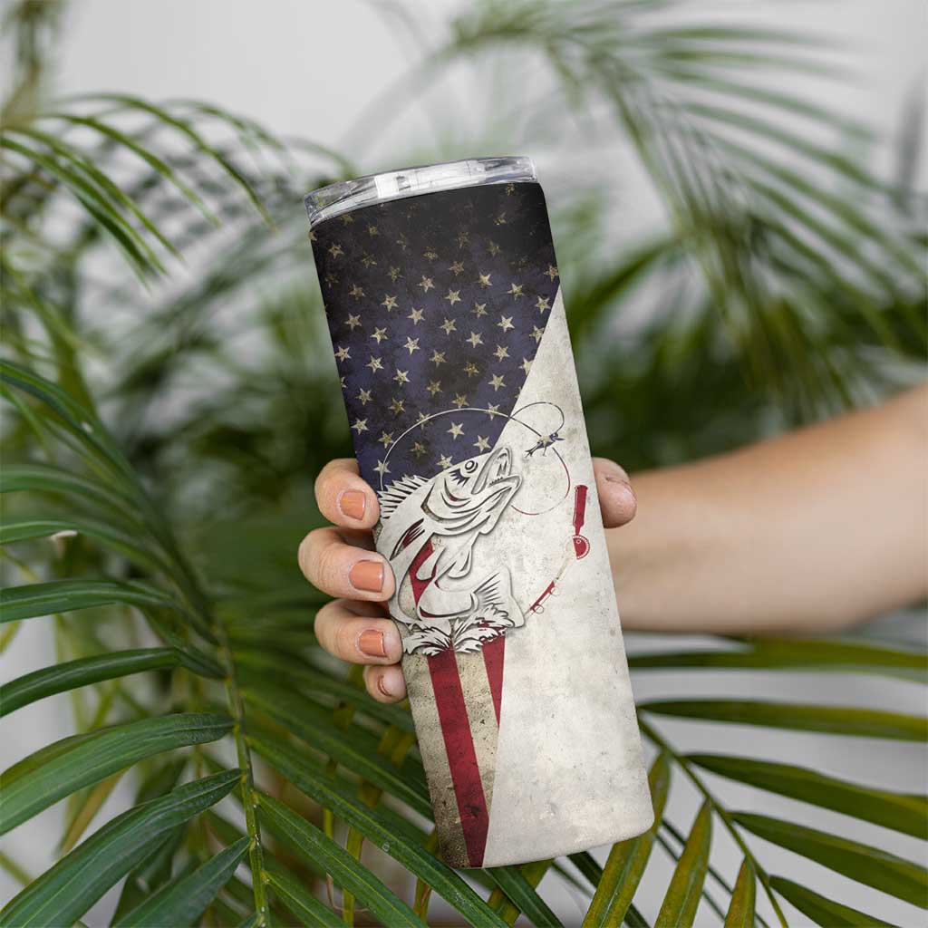 Walleye Fishing Skinny Tumbler American Flag Vintage Design and Custom Name Option - Wonder Print Shop