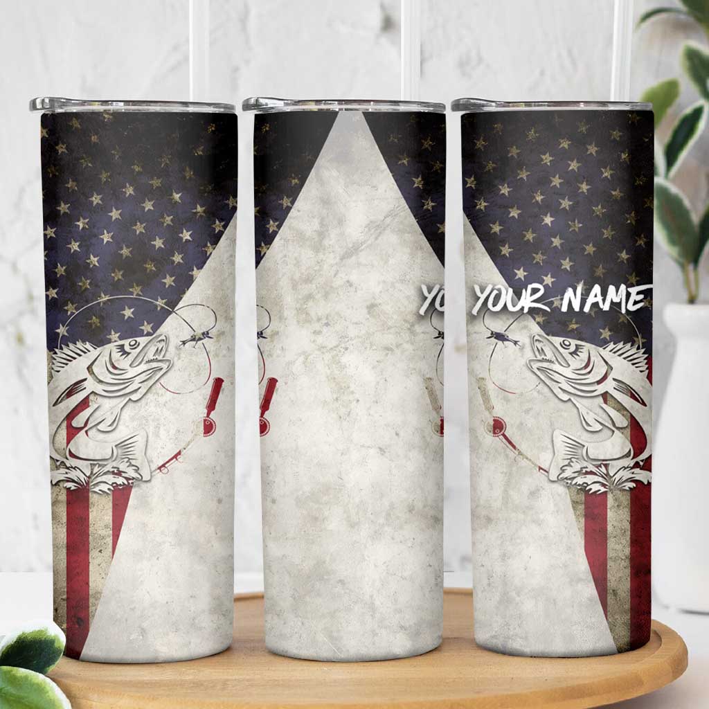 Walleye Fishing Skinny Tumbler American Flag Vintage Design and Custom Name Option - Wonder Print Shop