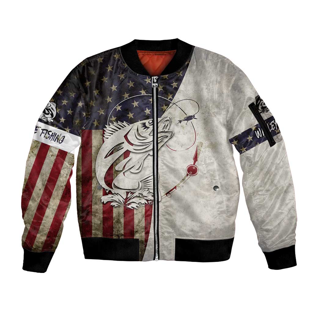 Walleye Fishing Sleeve Zip Bomber Jacket American Flag Vintage Design and Custom Name Option - Wonder Print Shop