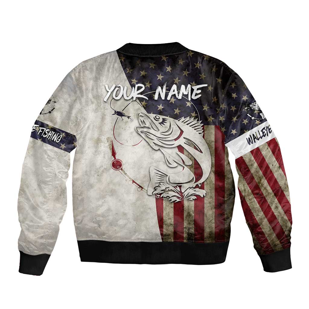 Walleye Fishing Sleeve Zip Bomber Jacket American Flag Vintage Design and Custom Name Option - Wonder Print Shop