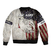 Walleye Fishing Sleeve Zip Bomber Jacket American Flag Vintage Design and Custom Name Option - Wonder Print Shop