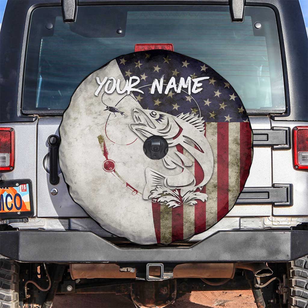 Walleye Fishing Spare Tire Cover American Flag Vintage Design and Custom Name Option - Wonder Print Shop