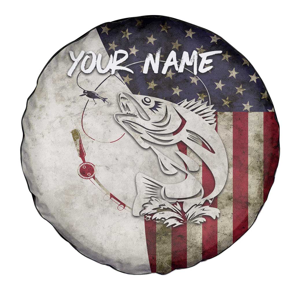 Walleye Fishing Spare Tire Cover American Flag Vintage Design and Custom Name Option - Wonder Print Shop
