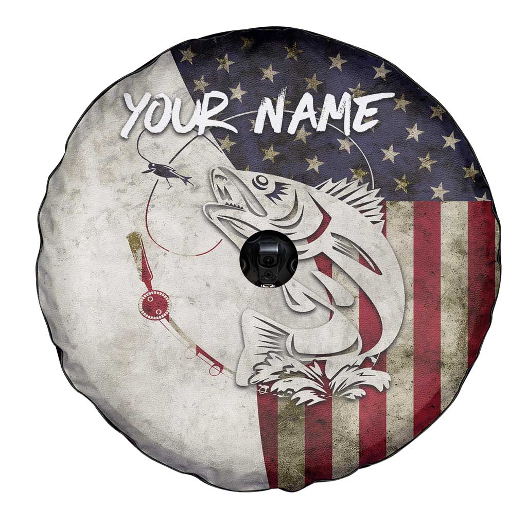 Walleye Fishing Spare Tire Cover American Flag Vintage Design and Custom Name Option - Wonder Print Shop