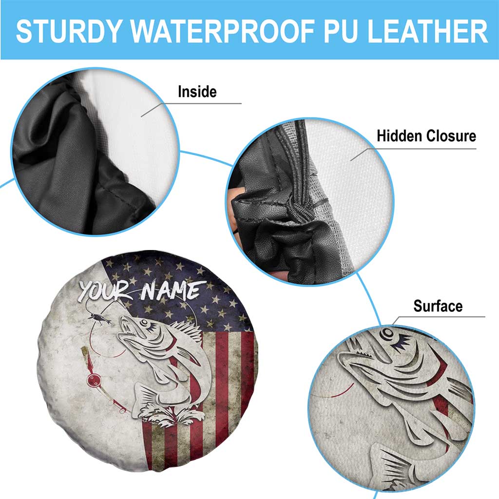 Walleye Fishing Spare Tire Cover American Flag Vintage Design and Custom Name Option - Wonder Print Shop