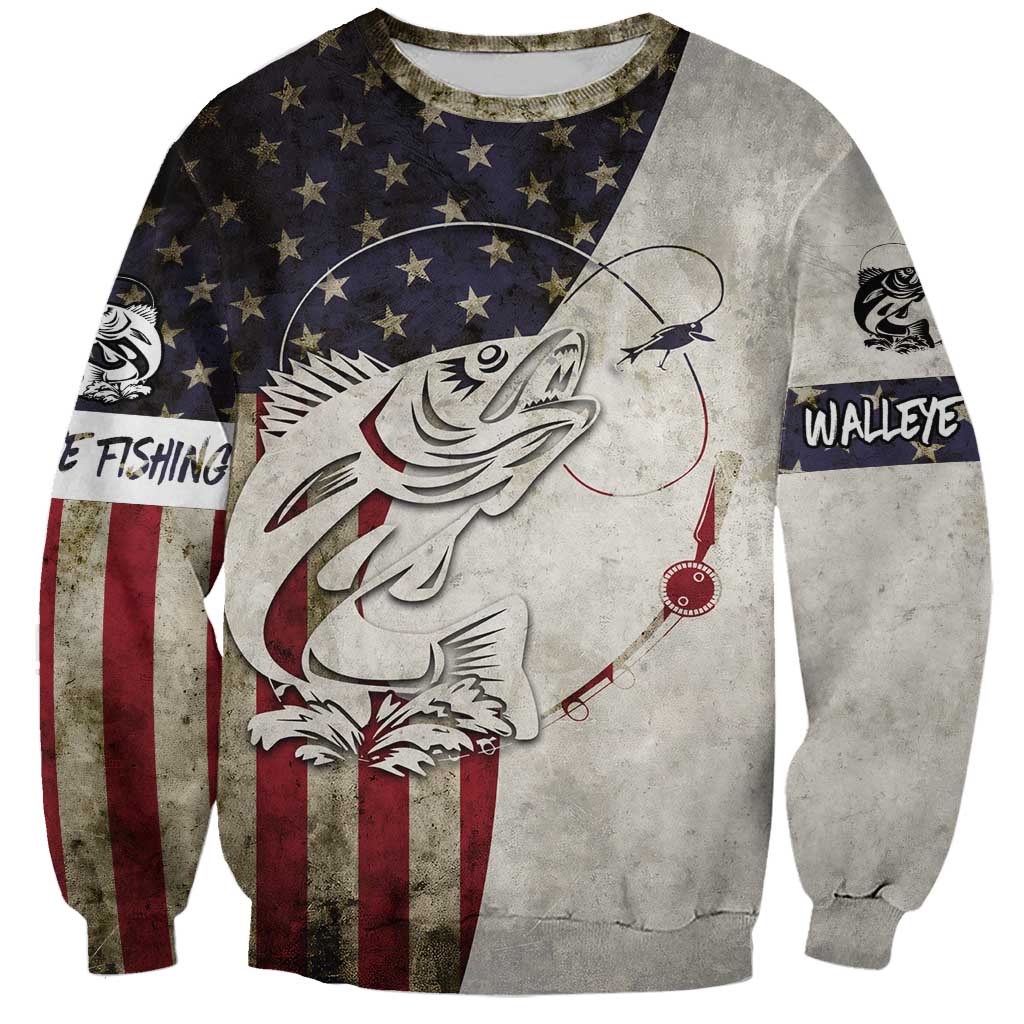 Walleye Fishing Sweatshirt American Flag Vintage Design and Custom Name Option - Wonder Print Shop