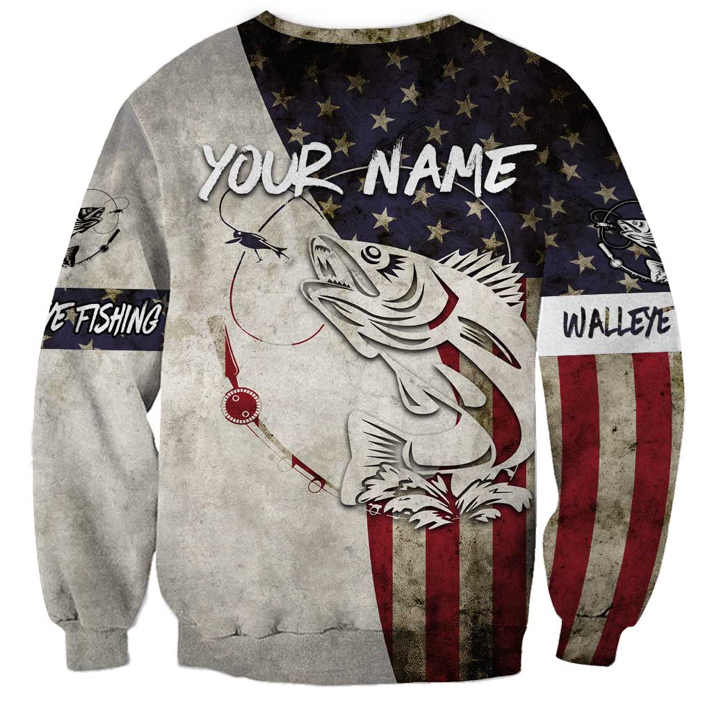 Walleye Fishing Sweatshirt American Flag Vintage Design and Custom Name Option - Wonder Print Shop