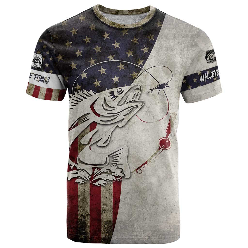Walleye Fishing T Shirt American Flag Vintage Design and Custom Name Option - Wonder Print Shop