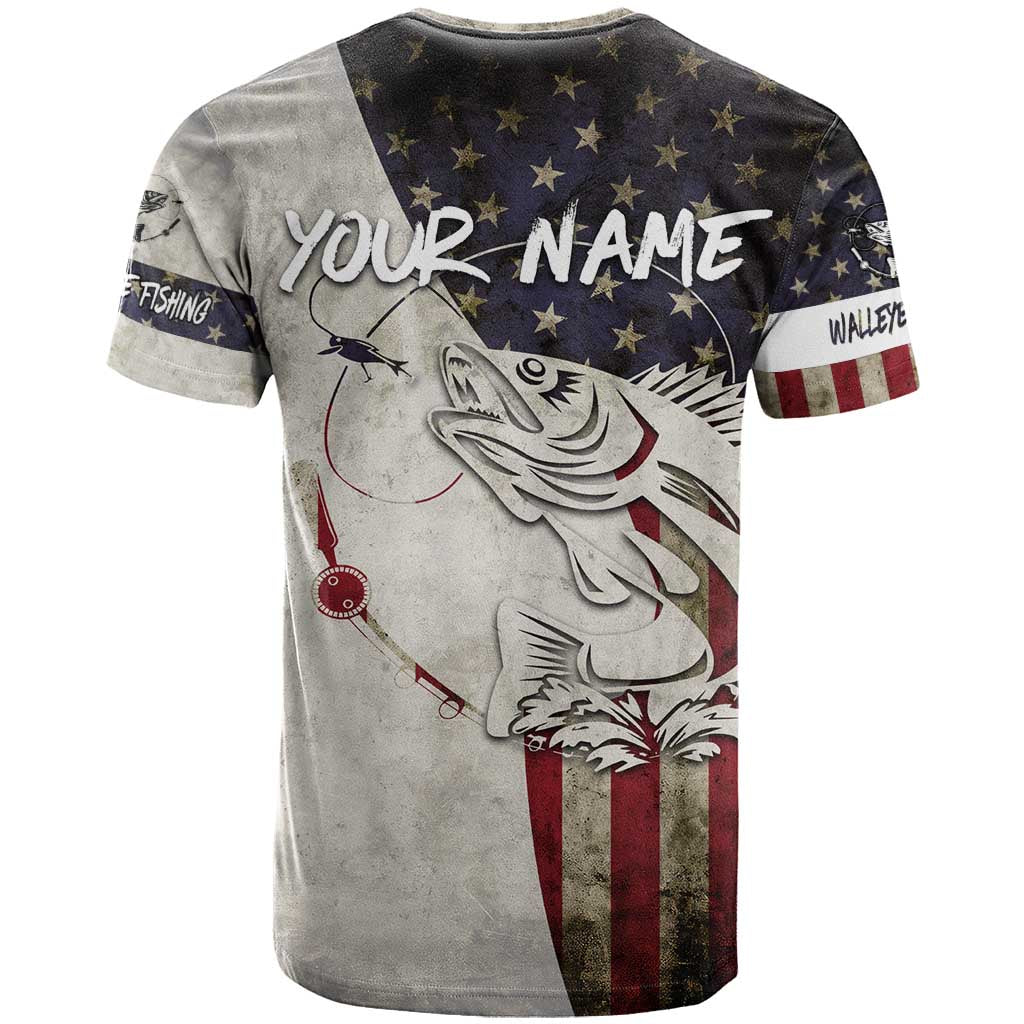 Walleye Fishing T Shirt American Flag Vintage Design and Custom Name Option - Wonder Print Shop