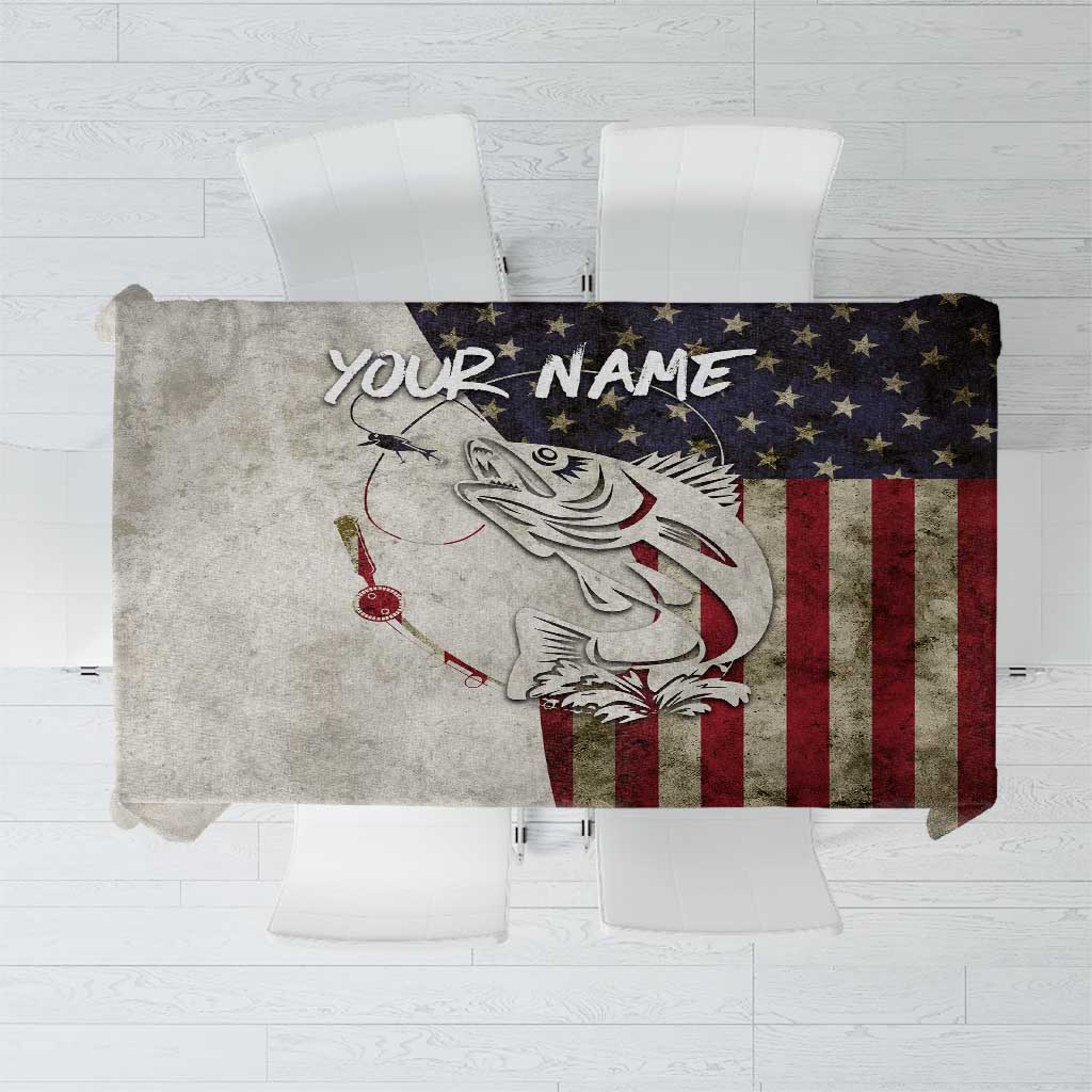 Walleye Fishing Tablecloth American Flag Vintage Design and Custom Name Option - Wonder Print Shop