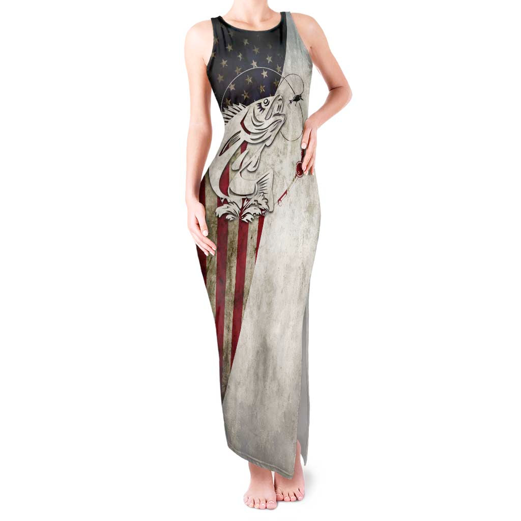 Walleye Fishing Tank Maxi Dress American Flag Vintage Design and Custom Name Option - Wonder Print Shop