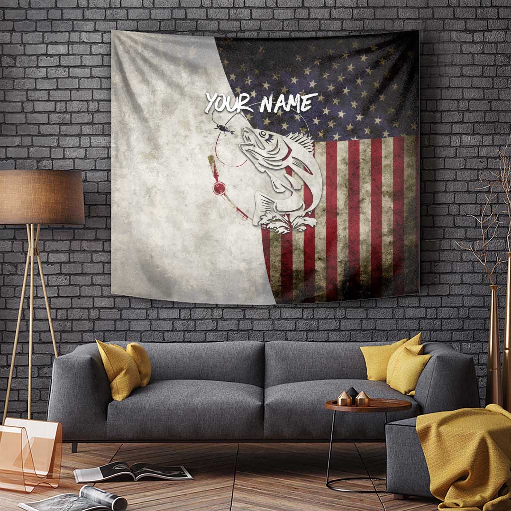 Walleye Fishing Tapestry American Flag Vintage Design and Custom Name Option - Wonder Print Shop