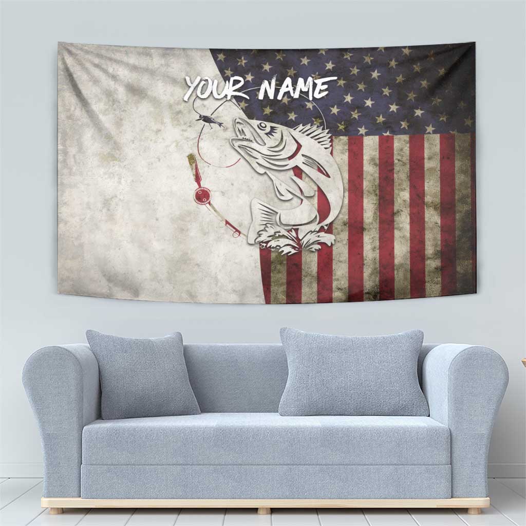Walleye Fishing Tapestry American Flag Vintage Design and Custom Name Option - Wonder Print Shop