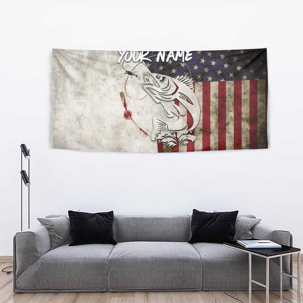 Walleye Fishing Tapestry American Flag Vintage Design and Custom Name Option - Wonder Print Shop