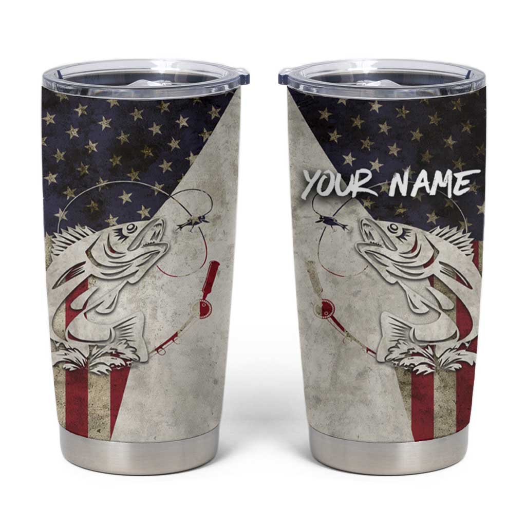 Walleye Fishing Tumbler Cup American Flag Vintage Design and Custom Name Option - Wonder Print Shop