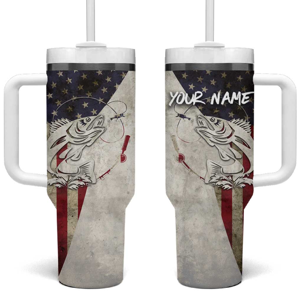 Walleye Fishing Tumbler With Handle American Flag Vintage Design and Custom Name Option - Wonder Print Shop