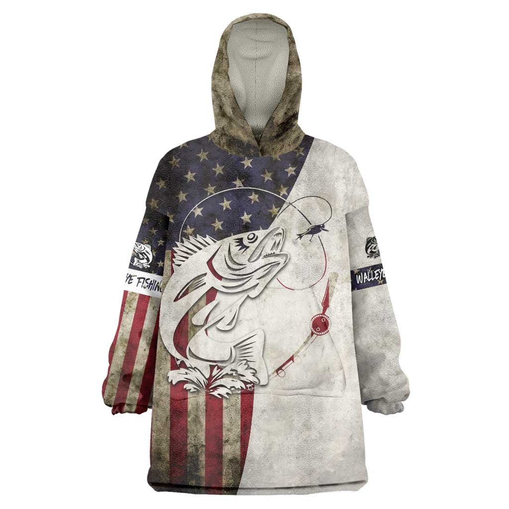 Walleye Fishing Wearable Blanket Hoodie American Flag Vintage Design and Custom Name Option - Wonder Print Shop