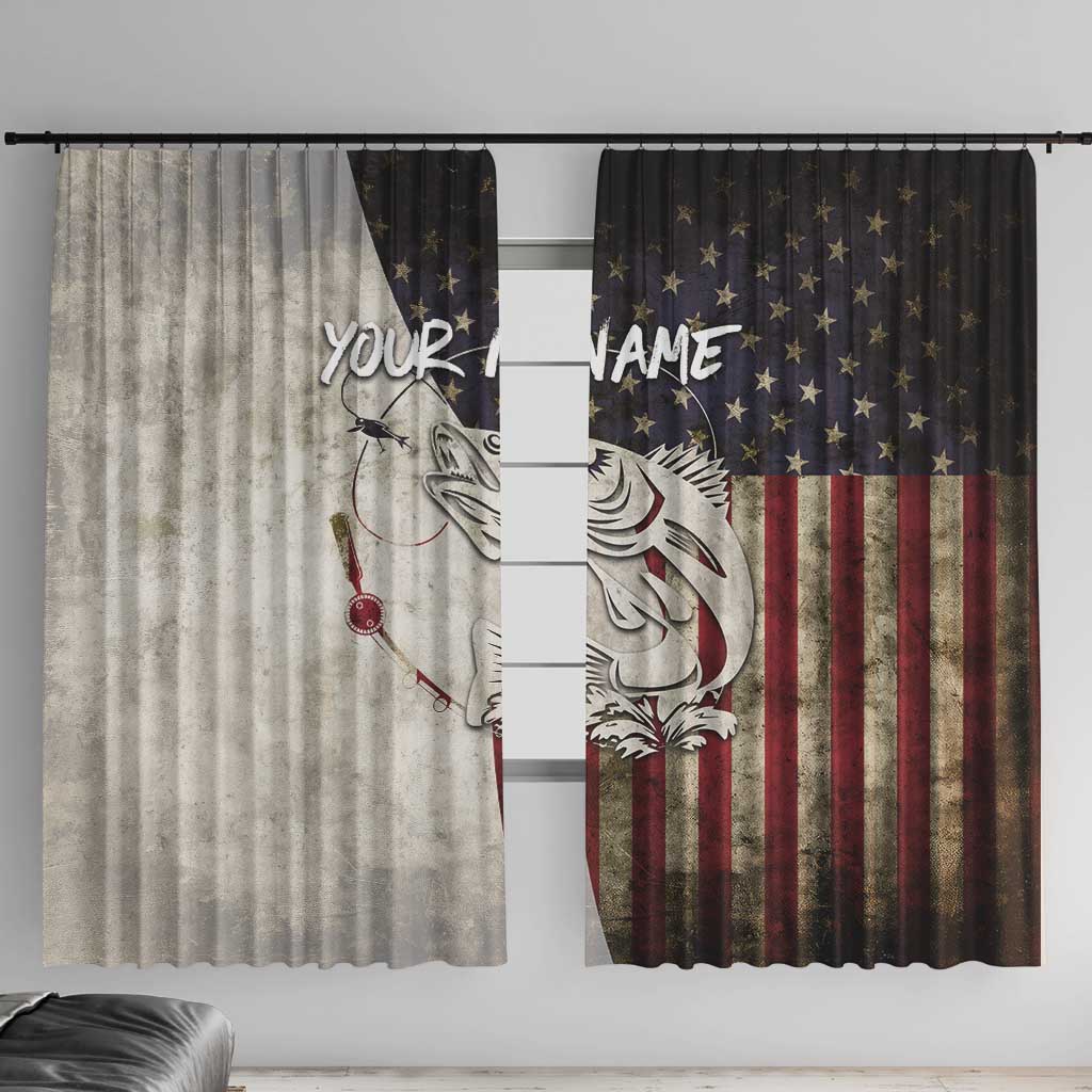 Walleye Fishing Window Curtain American Flag Vintage Design and Custom Name Option - Wonder Print Shop