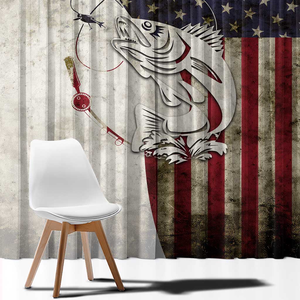 Walleye Fishing Window Curtain American Flag Vintage Design and Custom Name Option - Wonder Print Shop