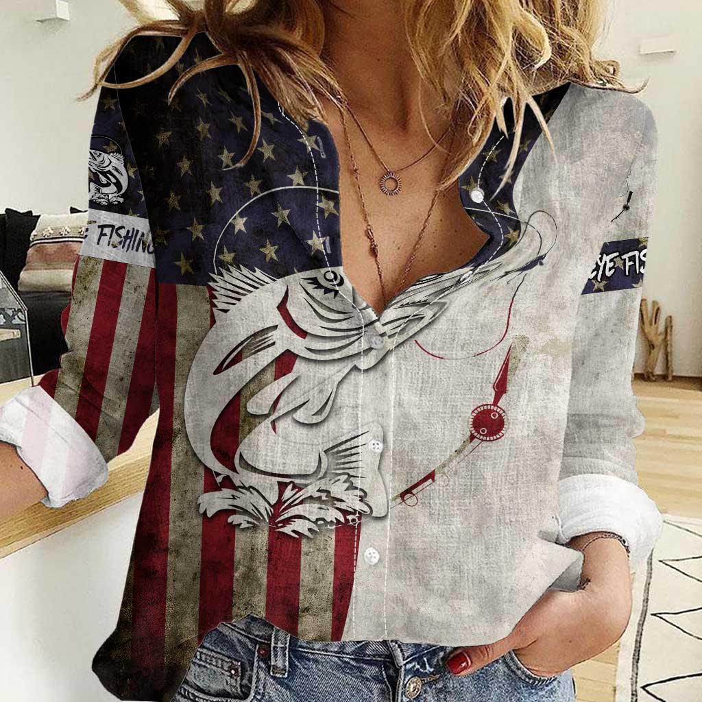 Walleye Fishing Women Casual Shirt American Flag Vintage Design and Custom Name Option - Wonder Print Shop