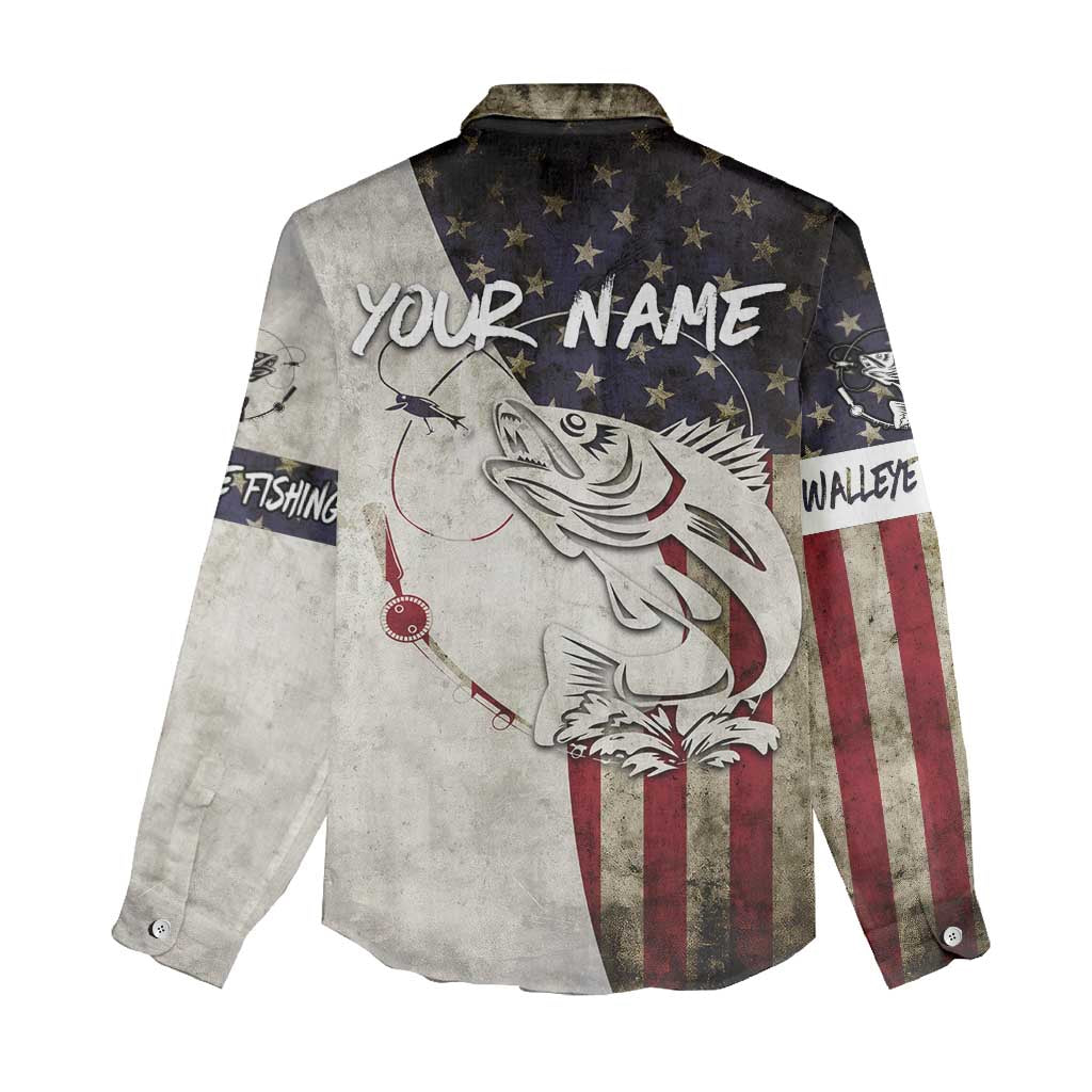 Walleye Fishing Women Casual Shirt American Flag Vintage Design and Custom Name Option - Wonder Print Shop