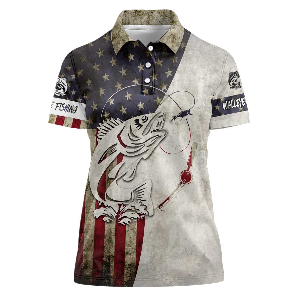 Walleye Fishing Women Polo Shirt American Flag Vintage Design and Custom Name Option - Wonder Print Shop