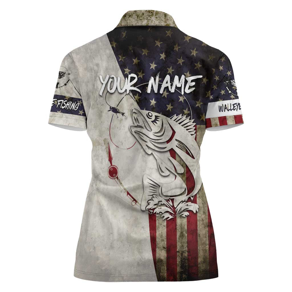 Walleye Fishing Women Polo Shirt American Flag Vintage Design and Custom Name Option - Wonder Print Shop