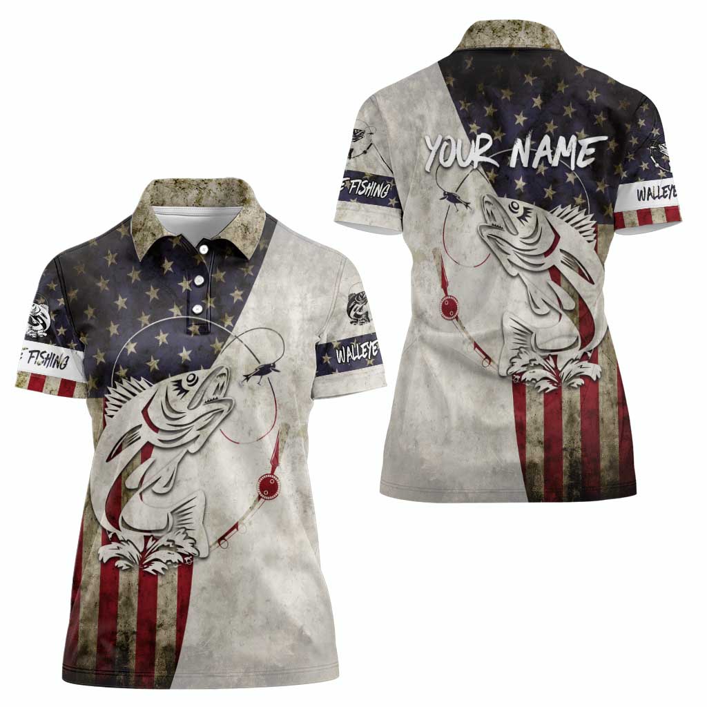 Walleye Fishing Women Polo Shirt American Flag Vintage Design and Custom Name Option - Wonder Print Shop