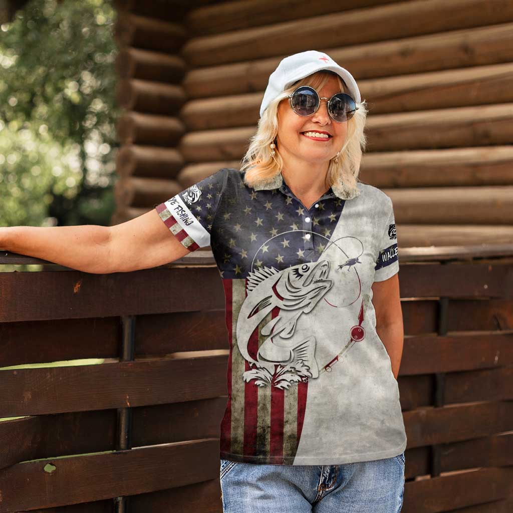 Walleye Fishing Women Polo Shirt American Flag Vintage Design and Custom Name Option - Wonder Print Shop