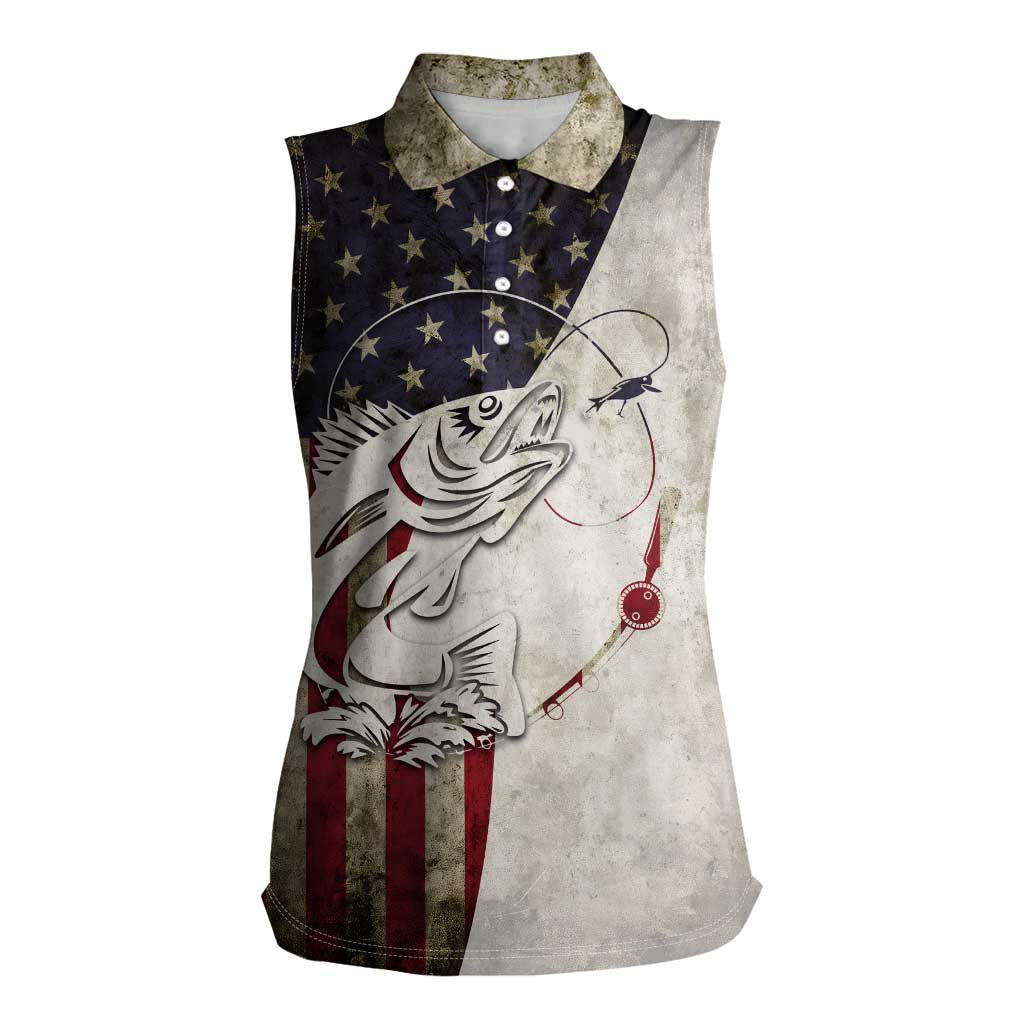 Walleye Fishing Women Sleeveless Polo Shirt American Flag Vintage Design and Custom Name Option - Wonder Print Shop