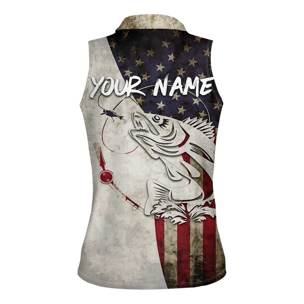 Walleye Fishing Women Sleeveless Polo Shirt American Flag Vintage Design and Custom Name Option - Wonder Print Shop