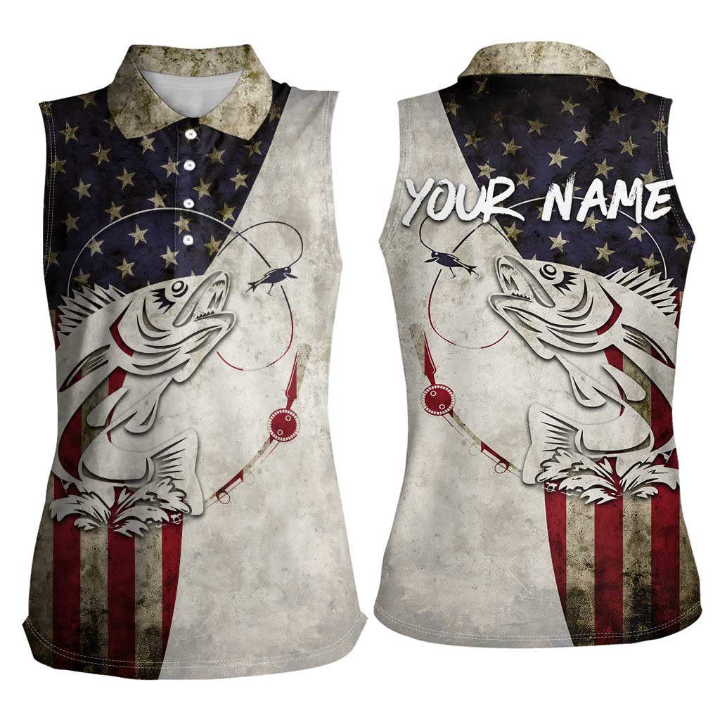 Walleye Fishing Women Sleeveless Polo Shirt American Flag Vintage Design and Custom Name Option - Wonder Print Shop