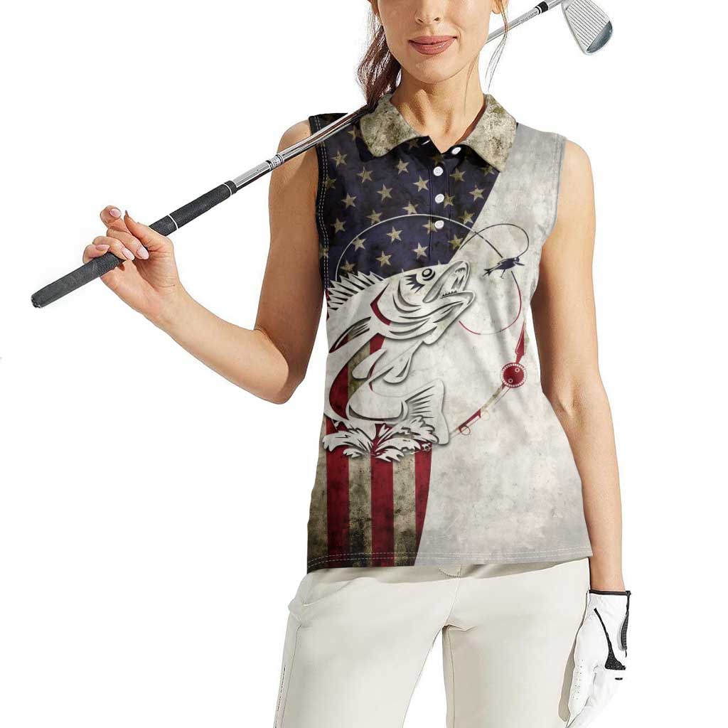 Walleye Fishing Women Sleeveless Polo Shirt American Flag Vintage Design and Custom Name Option - Wonder Print Shop