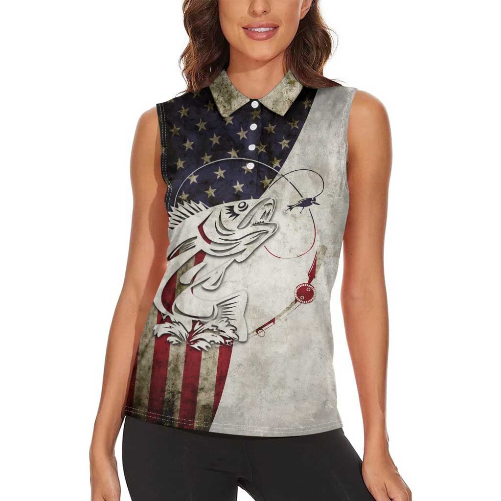 Walleye Fishing Women Sleeveless Polo Shirt American Flag Vintage Design and Custom Name Option - Wonder Print Shop