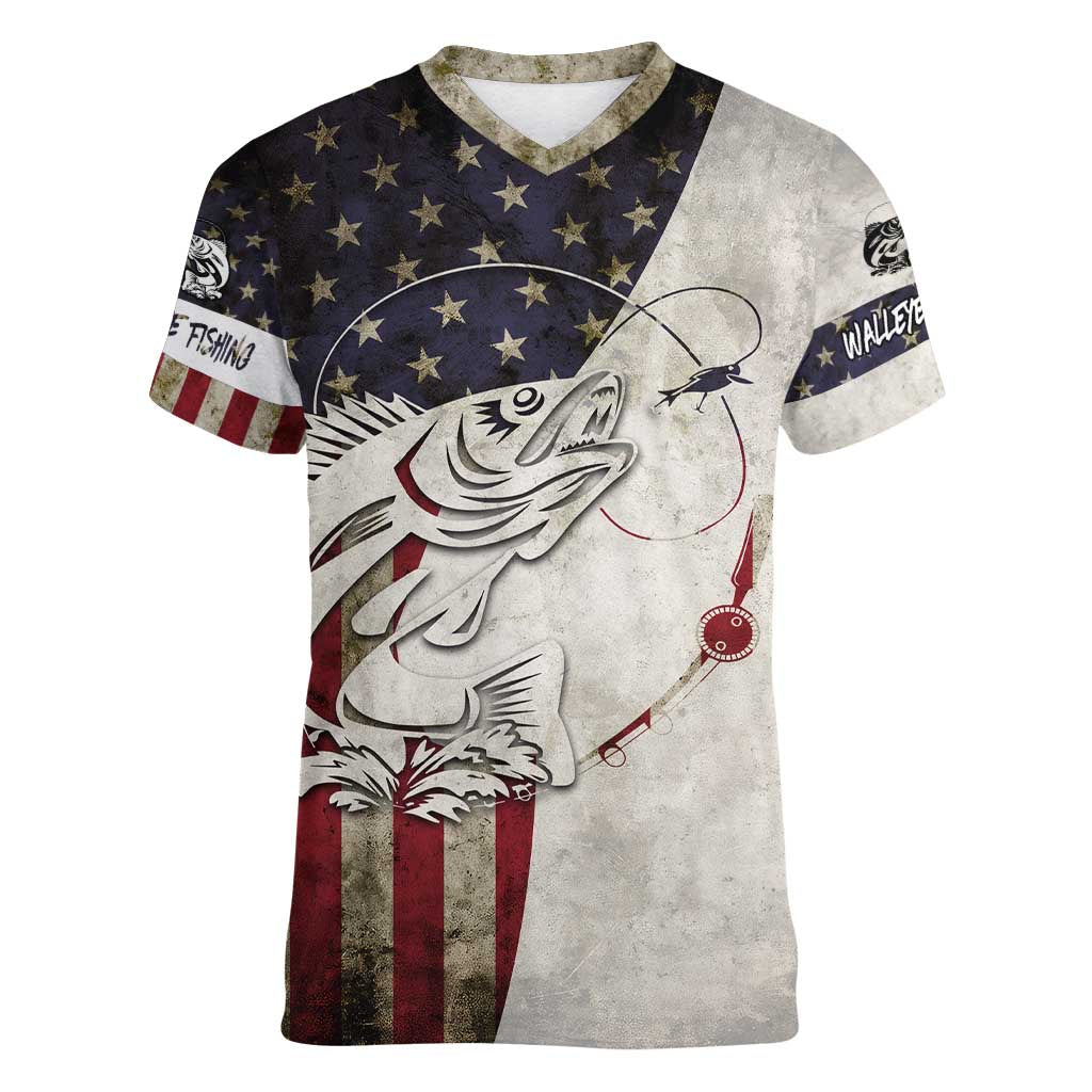 Walleye Fishing Women V-Neck T-Shirt American Flag Vintage Design and Custom Name Option - Wonder Print Shop