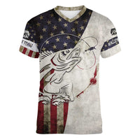 Walleye Fishing Women V-Neck T-Shirt American Flag Vintage Design and Custom Name Option - Wonder Print Shop