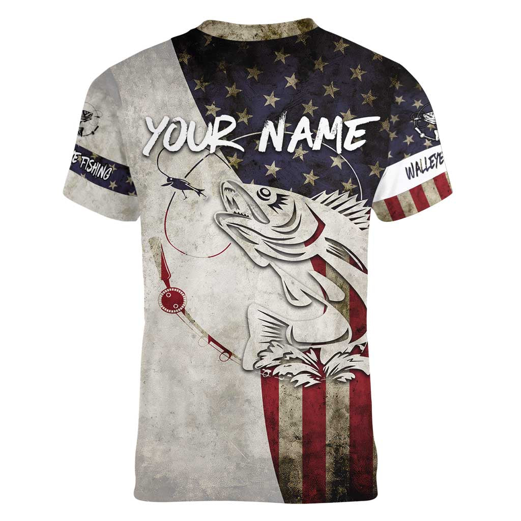 Walleye Fishing Women V-Neck T-Shirt American Flag Vintage Design and Custom Name Option - Wonder Print Shop