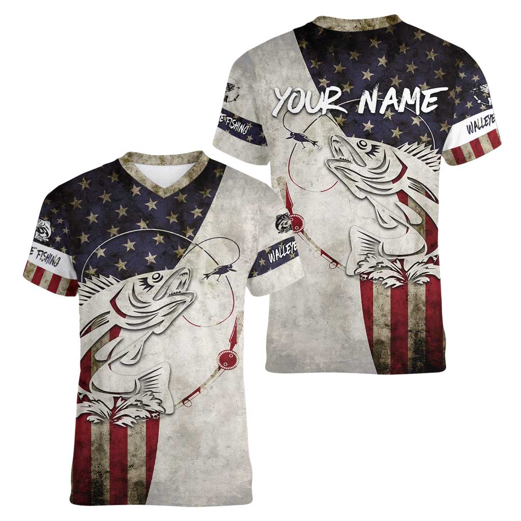 Walleye Fishing Women V-Neck T-Shirt American Flag Vintage Design and Custom Name Option - Wonder Print Shop