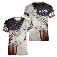 Walleye Fishing Women V-Neck T-Shirt American Flag Vintage Design and Custom Name Option - Wonder Print Shop