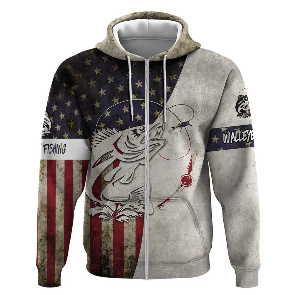 Walleye Fishing Zip Hoodie American Flag Vintage Design and Custom Name Option - Wonder Print Shop