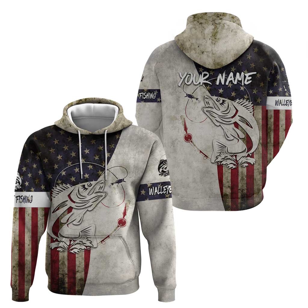 Walleye Fishing Zip Hoodie American Flag Vintage Design and Custom Name Option - Wonder Print Shop