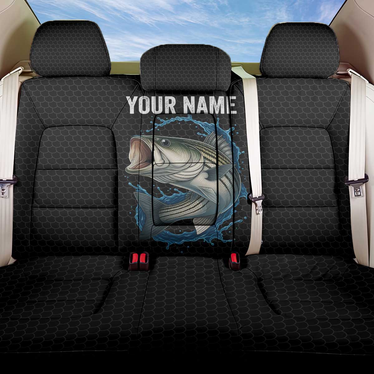 Striped Bass Jumping Back Car Seat Cover Blue Splash Graphic and Custom Name Design - Wonder Print Shop
