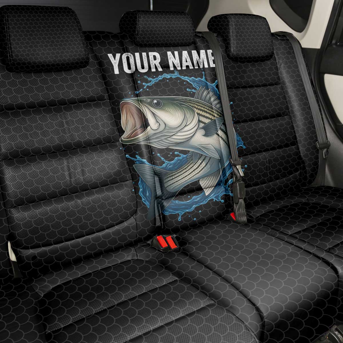 Striped Bass Jumping Back Car Seat Cover Blue Splash Graphic and Custom Name Design - Wonder Print Shop