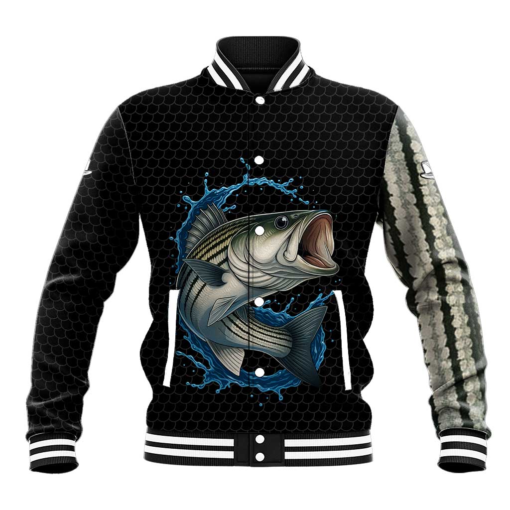 Striped Bass Jumping Baseball Jacket Blue Splash Graphic and Custom Name Design - Wonder Print Shop