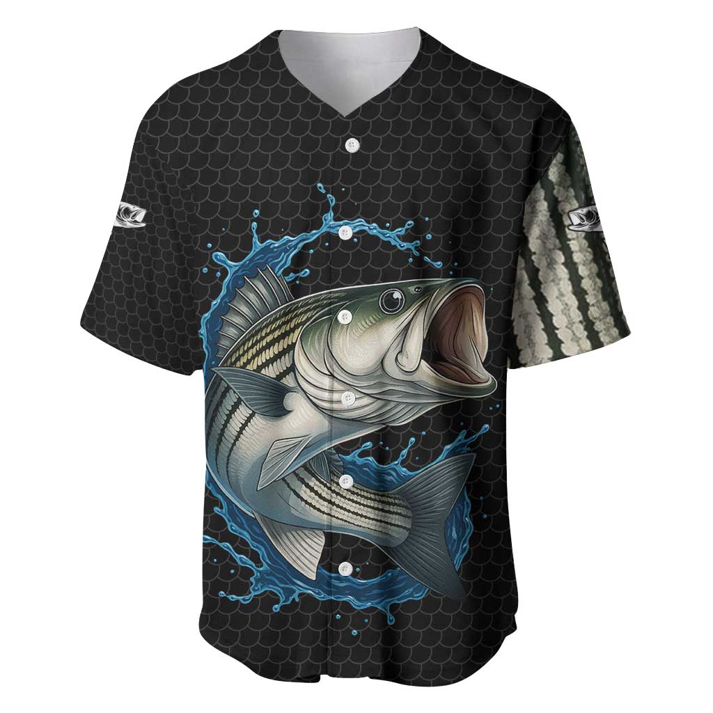 Striped Bass Jumping Baseball Jersey Blue Splash Graphic and Custom Name Design - Wonder Print Shop