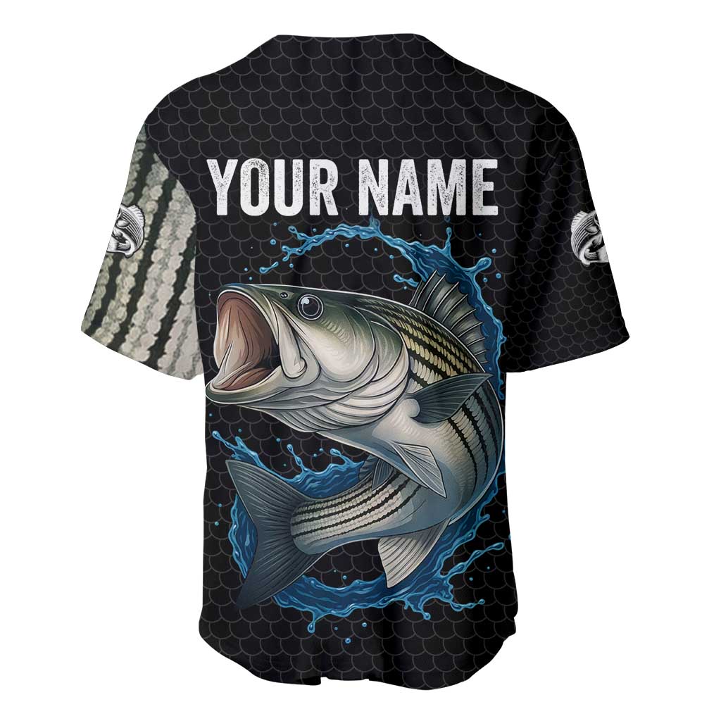 Striped Bass Jumping Baseball Jersey Blue Splash Graphic and Custom Name Design - Wonder Print Shop
