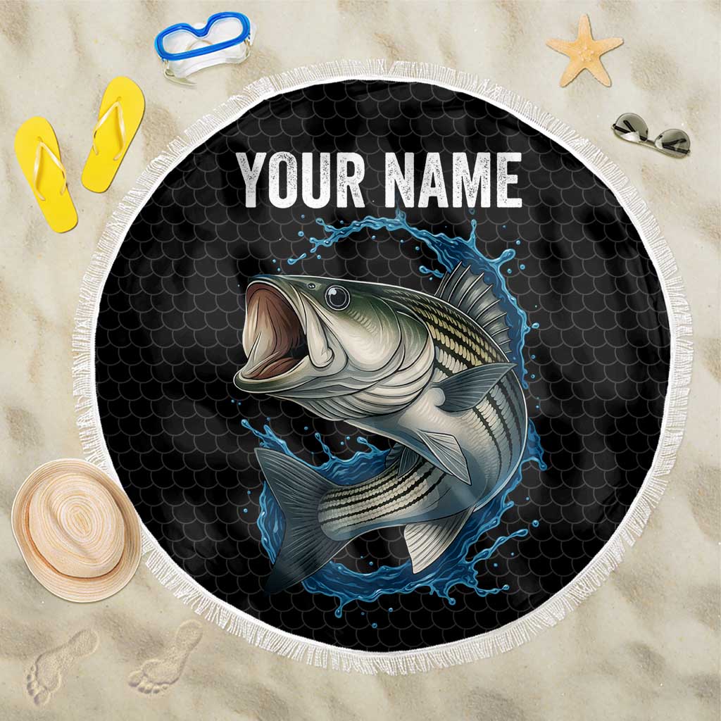 Striped Bass Jumping Beach Blanket Blue Splash Graphic and Custom Name Design - Wonder Print Shop