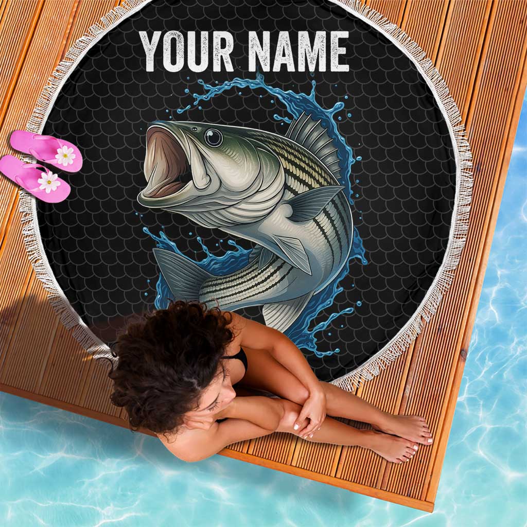 Striped Bass Jumping Beach Blanket Blue Splash Graphic and Custom Name Design - Wonder Print Shop