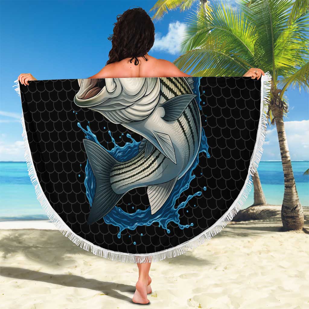 Striped Bass Jumping Beach Blanket Blue Splash Graphic and Custom Name Design - Wonder Print Shop