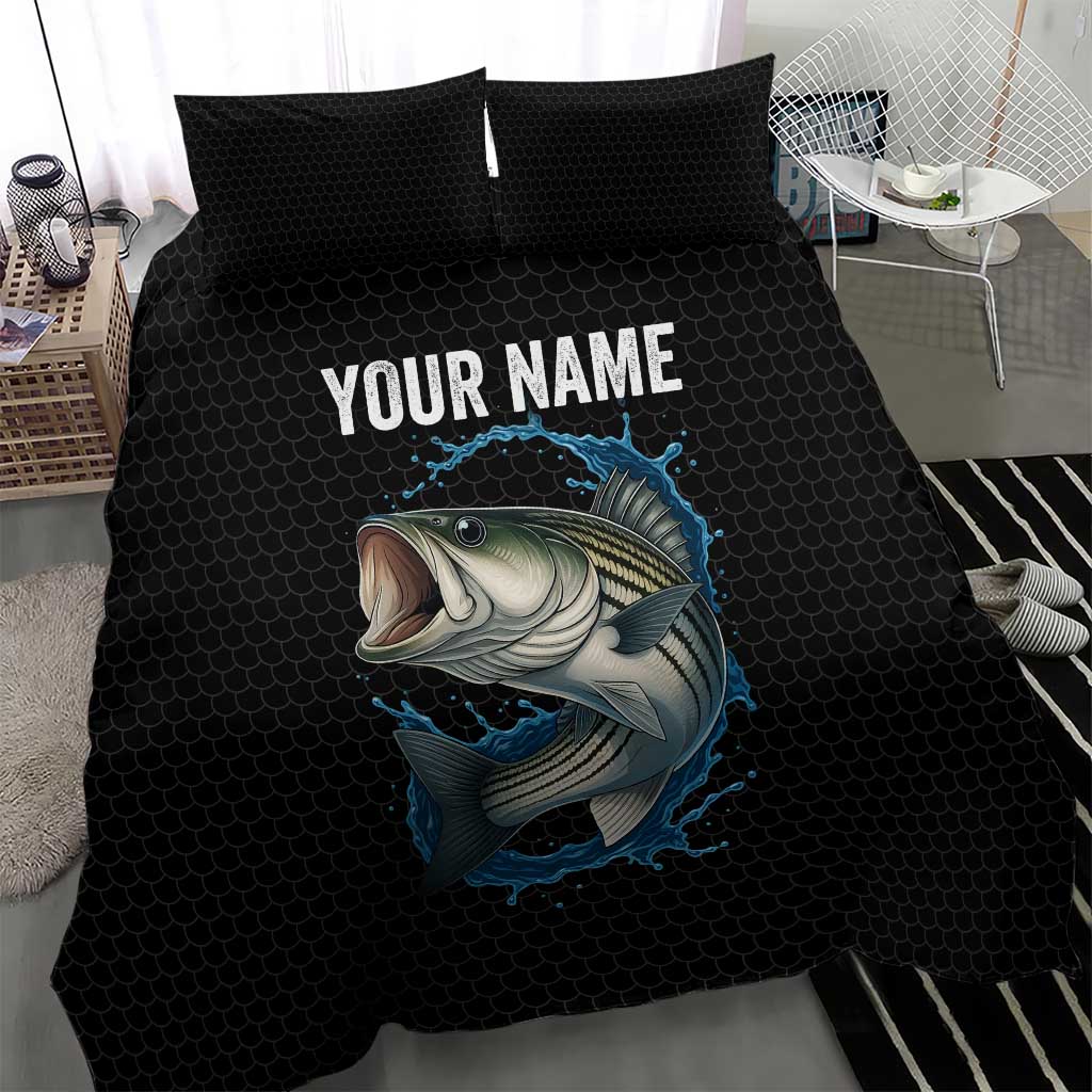 Striped Bass Jumping Bedding Set Blue Splash Graphic and Custom Name Design - Wonder Print Shop